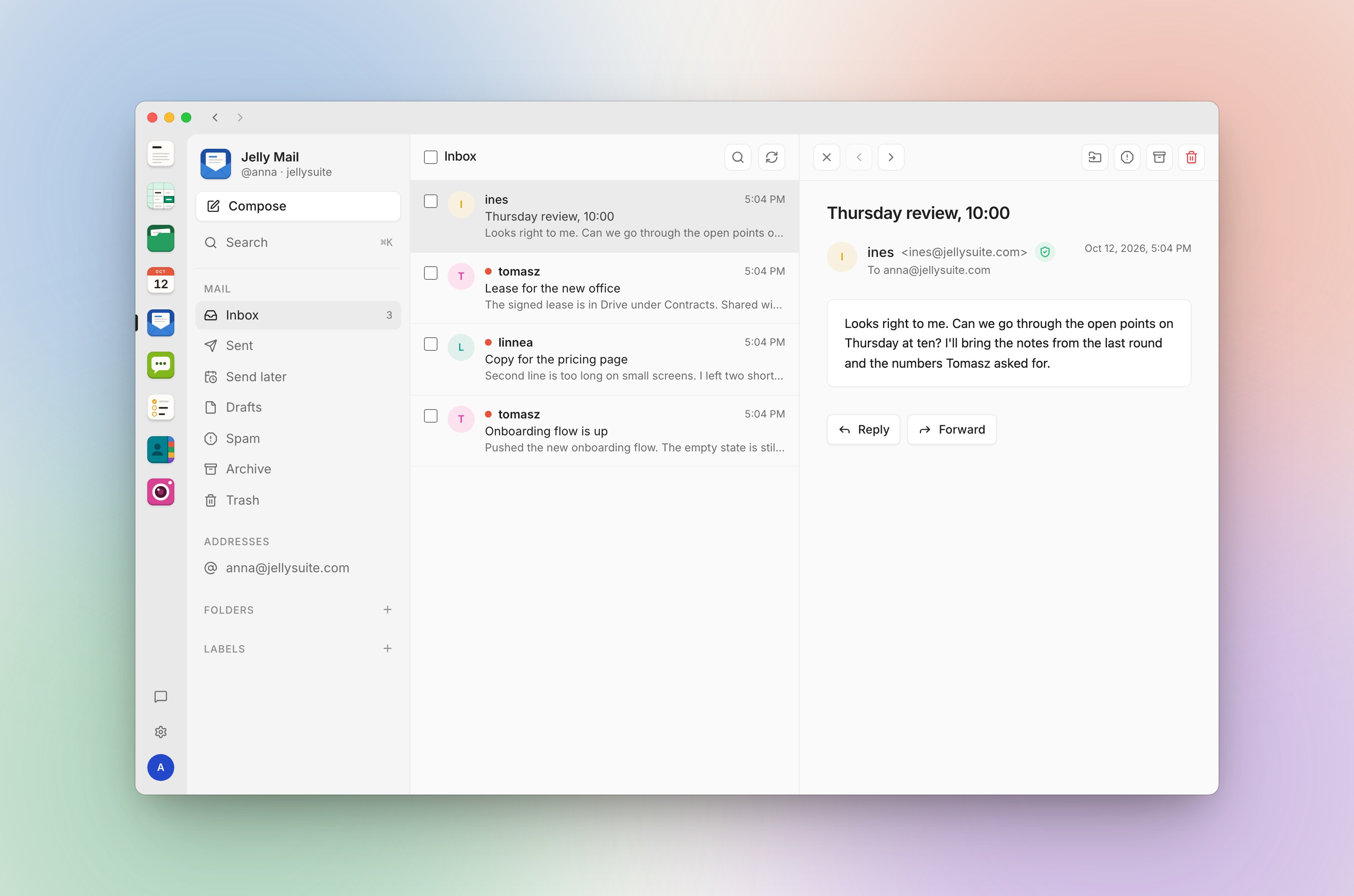 The jellysuite Mac app: Jelly Mail's inbox with a message open, and the other apps down the left edge
